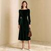 European, American Autumn and Winter French Elegant Style Waist Lace-up Velvet Off-the-shoulder Long-sleeved Medium-length Dress