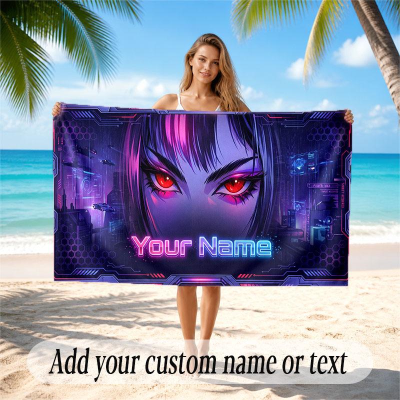 City Cyberpunk Theme Soft Beach Towel Personalized Custom Name Text Towel Portable for Beach Pool Travel