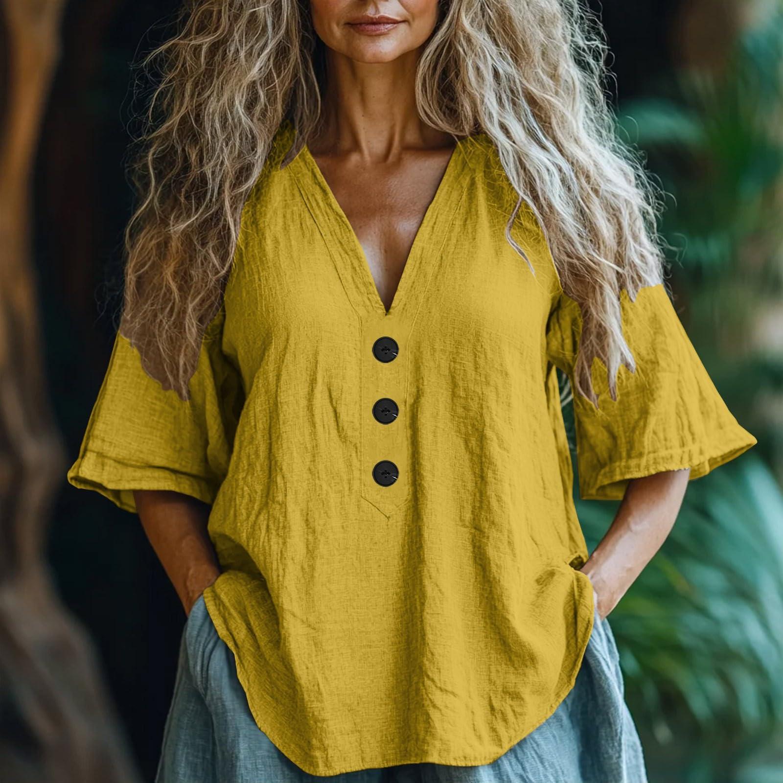 

Жіночий повсякденний топ з V-подібним вирізом та короткими рукавами, однотонна футболка L жовтий