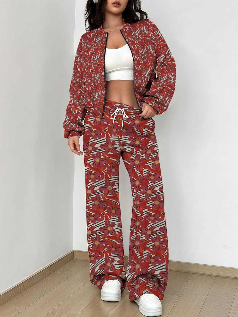 Striped Autumn And Winter New European And American Women'S Clothing Pink Flower Printing Suit Women
