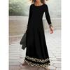 Fall Winter Printed Design Women's Black Leopard Trim Long Sleeve Maxi Dress