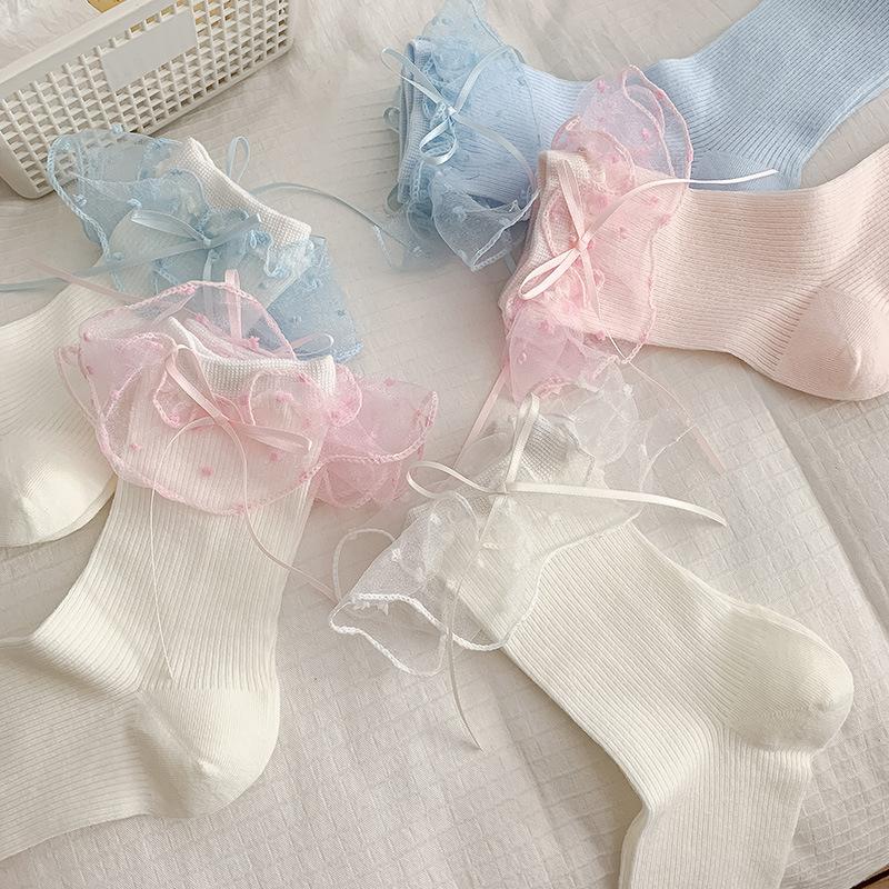 Ladies Summer Thin Lovely Polka Dot Mesh Bow Boneless Tube Pile Socks