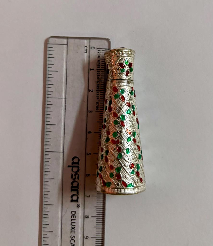 999 Silver Handmade Dry Kajal Box, Surma Kumkum Sindoor Container, Sindur dani dibbi, Elongated Enamelled, 6 cm length, Temple Pooja