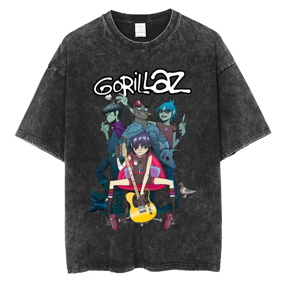 British Classic Virtual Band Gorillaz Poster Tshirt Men Women Streetwear Hip Hop Vintage Washed Cotton Top Oversized Summer Tee