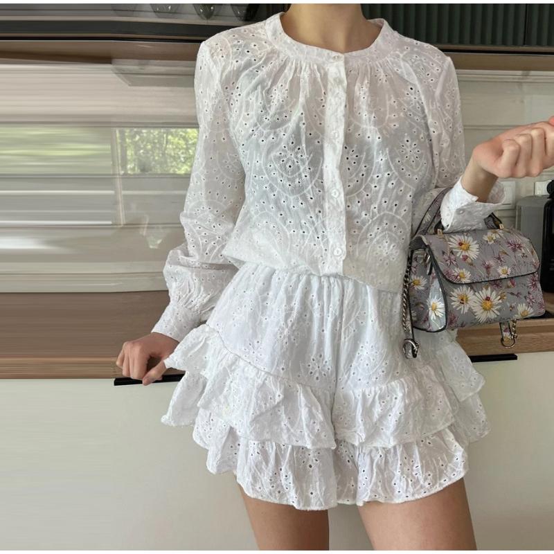 Damen Jacquard Hemd Shorts Set Knopfloch Einfarbiges Set Bedruckt Lässiger Fortgeschrittener Stil Frühling Sommer Neu Damen Langarm Set