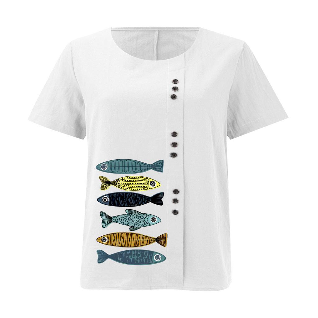 Sommer Übergröße Baumwolle und Leinen Kurzarm T-Shirt, Baumwolle und Leinen Bedruckte Übergröße Damenbekleidung