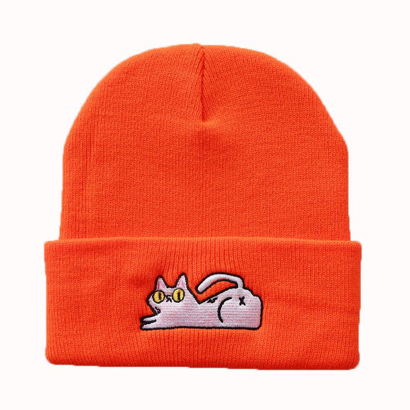 Cute lazy cat embroidered knitted hat for male and female students, warm pullover hip-hop beanie