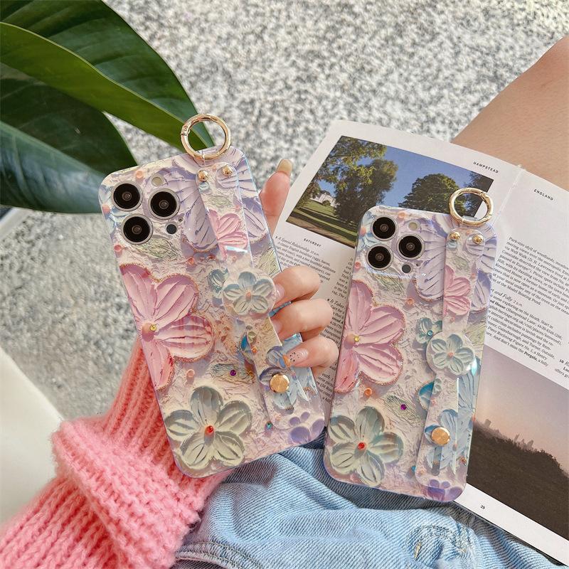 Oil Painting Flower Wrist Strap Diamond Phone Case For Iphone 16 15 Pro Max