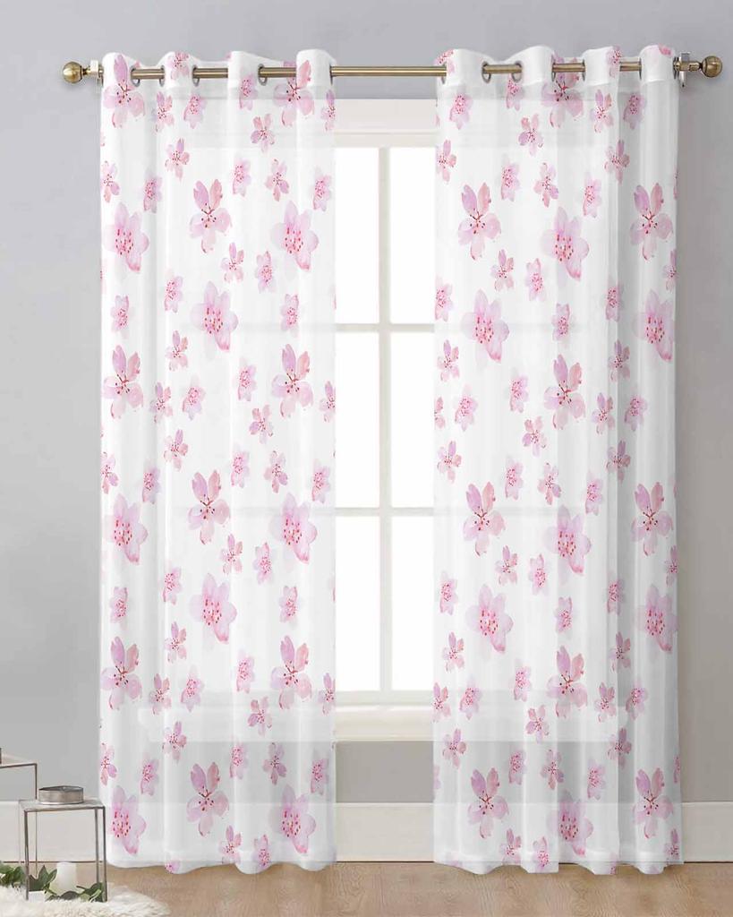Pink Watercolor Cherry Blossom Sheer Curtains for Living Room Decoration Window Curtains Kitchen Tulle Voile Organza Curtains