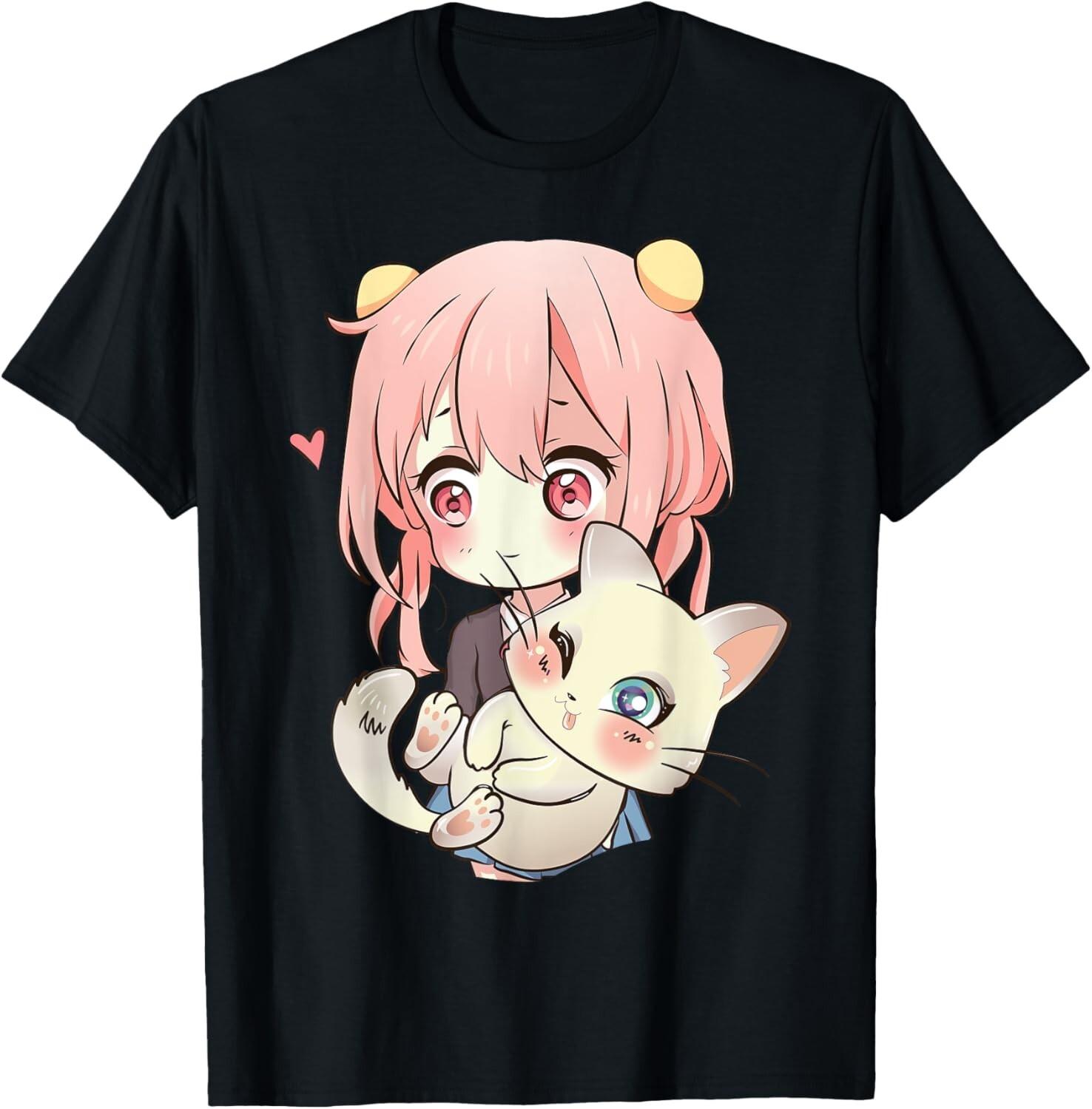 Anime and Cats Lover for Teen Manga kawaii Graphic T-shirt XL