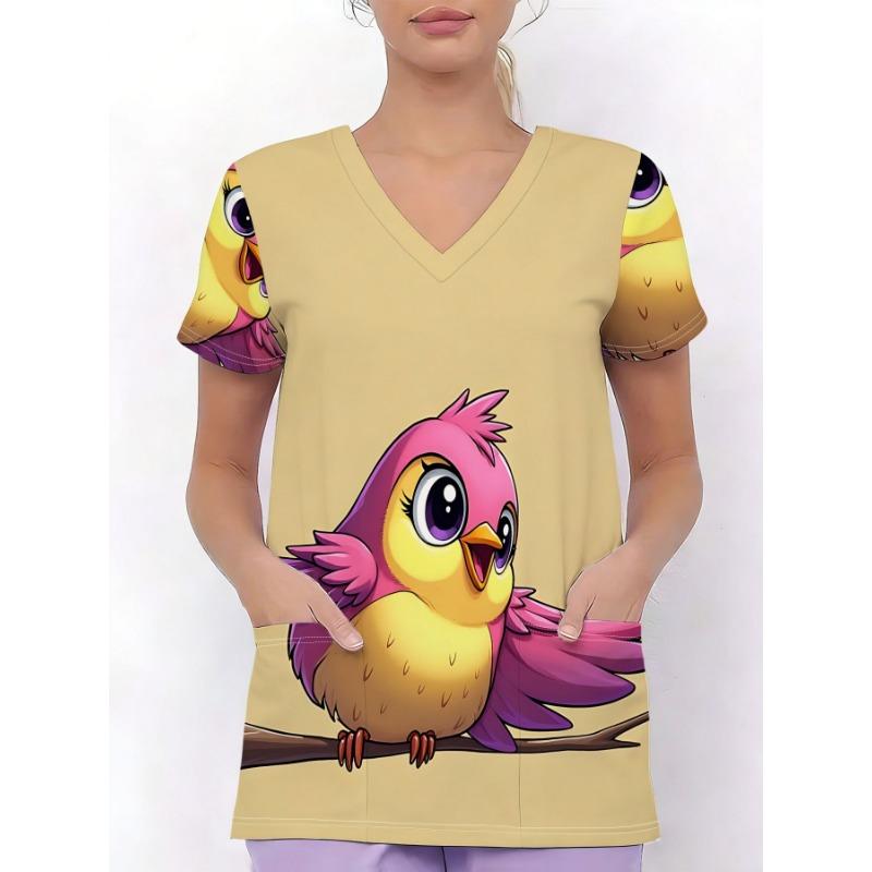 

Fashionable women s short sleeved V-neck T-shirt care top pink yellow cute cartoon bird S