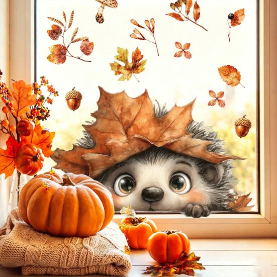 Decorative Window Film for Autumn Decor Static Sticker with Cute Animals & Maple Leaves, Removable Harvest Durable Clings Store Fronts