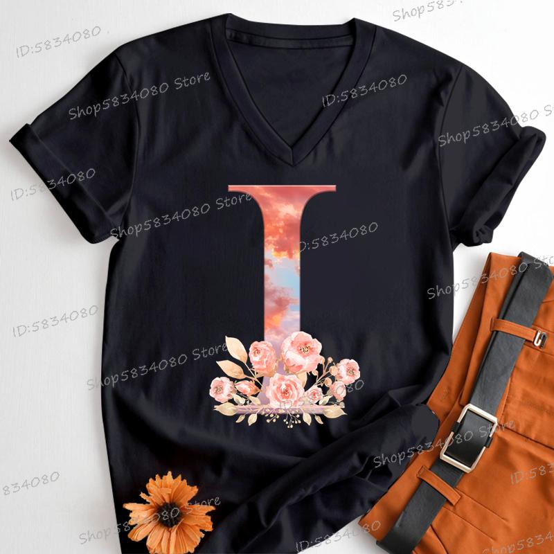 Womens Clothing Pink Flower Alphabet Classic Top Sky Alphabet Cartoon Tshirt FeUnisex Floral Letters A B C D Birthday Gift Shirt