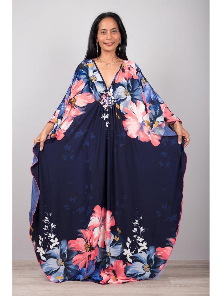 Handgemachter schwarzer & roter floraler langer Strand-Überwurf-Kimono für Damen