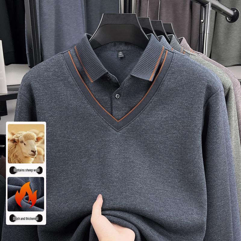 Herren Herbst/Winter Verdickter Samt Wolle Revers Zweiteiliger Lagenpullover für Mittleres und Älteres Alter