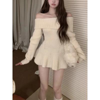 2024 Women Sweater Sweet Slash Neck Off Shoulder Ruffles Autumn Winter Slim Stretch Elegant Knitted Tops Ladies Pullover