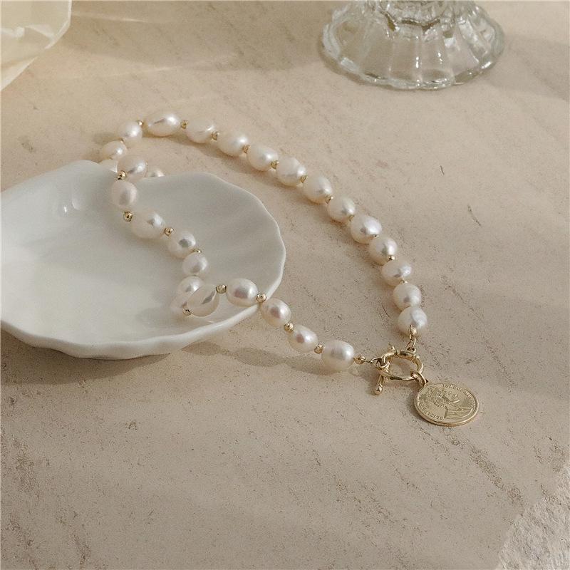 Baroque Freshwater Pearl Coin Choker with Gold Pendant - Women's OT Clasp Necklace Gift