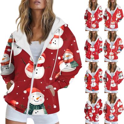 Women's Christmas Printed Sweatshirt Autumn Winter Long Sleeve Cardigan Jacket With Pockets Zipper Hoodie Outerwear