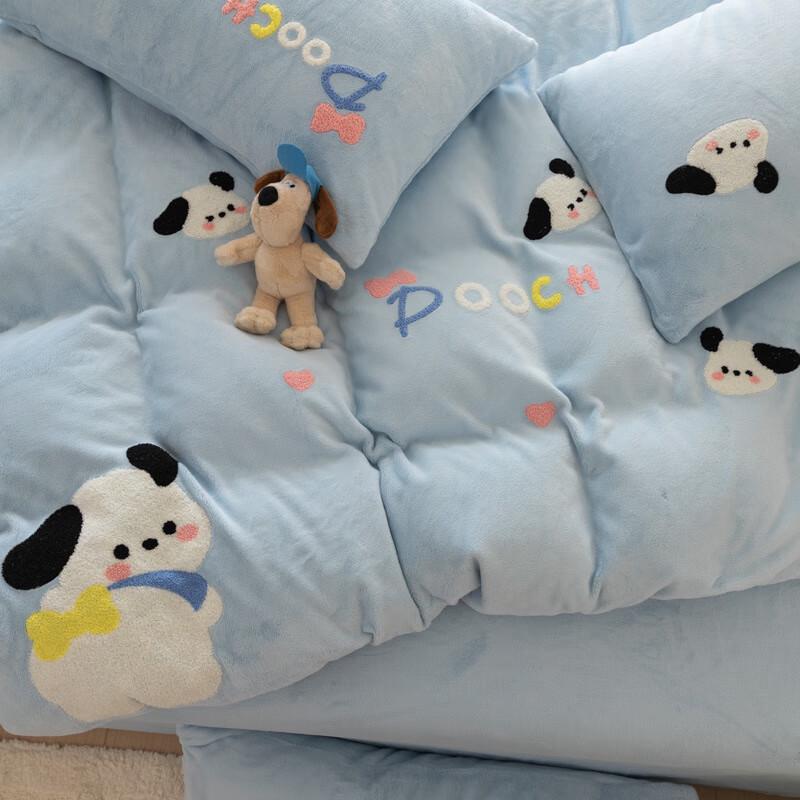 OEING Cute Dog Towel Embroidery Double-Sided Fleece Duvet Cover Set