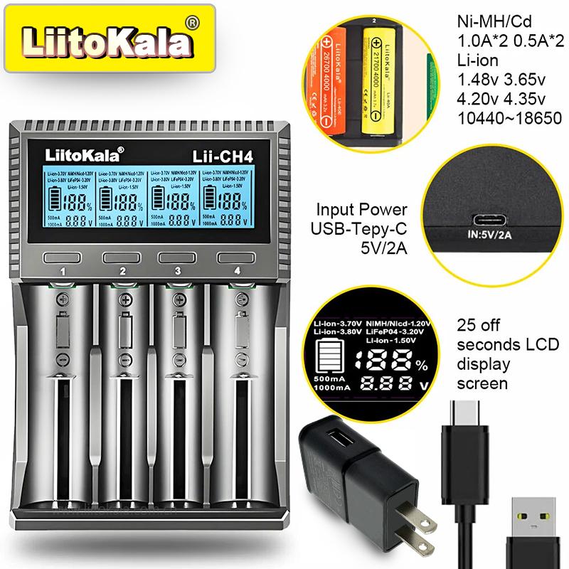 LiitoKala Lii-CH4 Smart-Ladegerät für 18650/21700/26650/AA/AAA/Ni-MH/Li-ion, 1,2V/1,5V 4-Schacht Schnellladung, USB-C, Automatische Erkennung