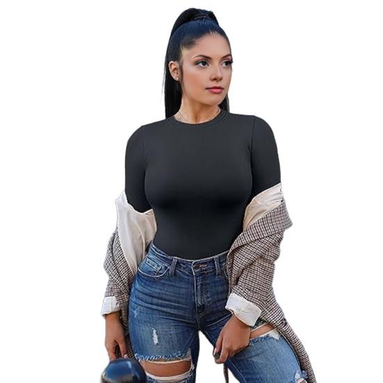 

Женские топы с длинным рукавом, круглым вырезом, облегающие, пуловеры, однотонные, базовый слой, рубашка, осень-зима, для повседневной носки XL чёрный
