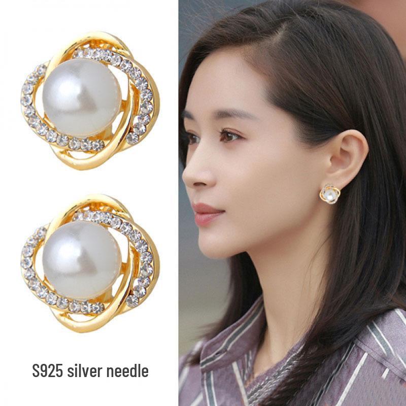 S925 Korean Elegant Pearl Stud Earrings with Diamonds - High-End Fashion Jewelry for Women