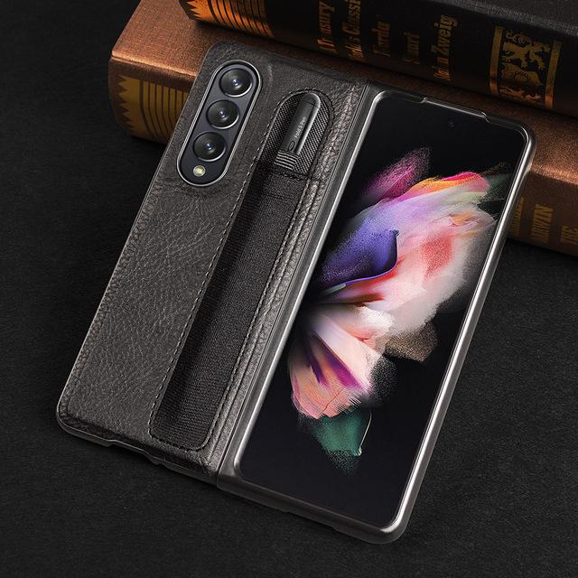 Fashion Leather Lychee Pattern Pencil Pen Slot Case For Samsung Galaxy Z Fold 3 Pc Cover Anti -Knock Luxury Cases For Fold3 F9260