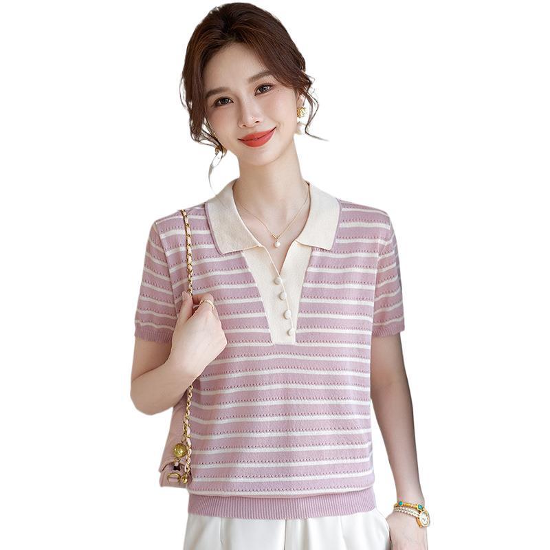Mom's Summer Striped Short-Sleeve Ice Silk Knit Top