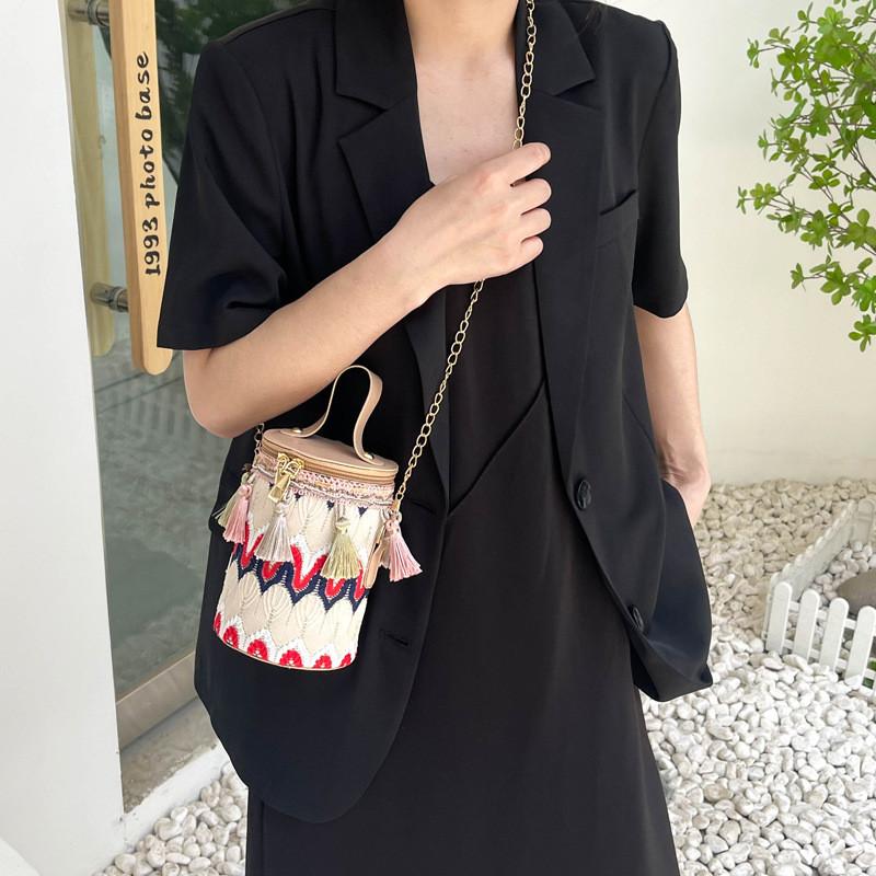 Tassels Style Ethnic Chain Strap Tote Cylinder Crossbody Bag For Women Use Daily