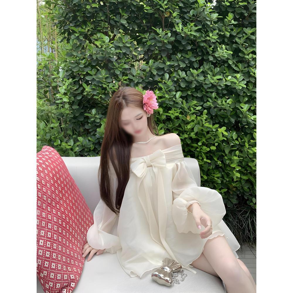 Gentle wind bow shoulder lantern sleeve top summer new sweet loose and thin chiffon shirt
