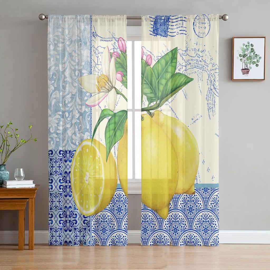 Summer Lemon Leaves Flowers Sheer Drapes ideal for Bedroom Space Living Room Decoration Window Opening Drape Kitchen Area Tulle Voile Organza Drapes