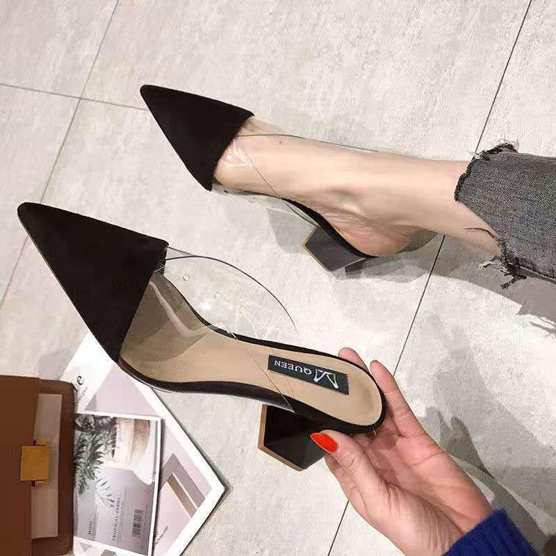 Sandalias de verano con tacón alto de 7 cm, zapatos de PVC macizo para mujer, sandalias de ante para exteriores. Zapatos Mujer Pointed Sandalias Mujer Verano