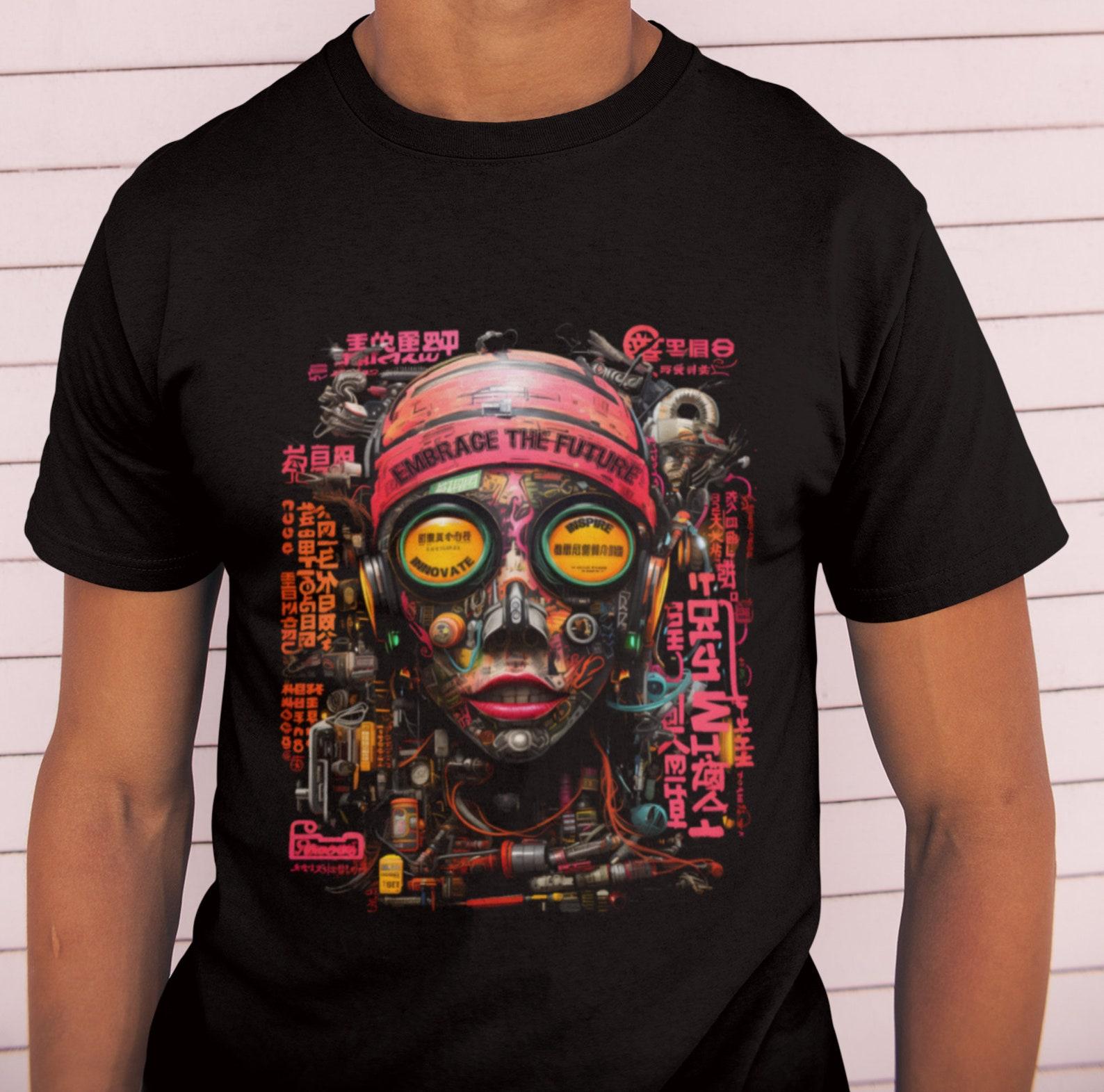 Cyber Robotic Face T-Shirt: Neon Chalk Collage, Futuristic Clothing L