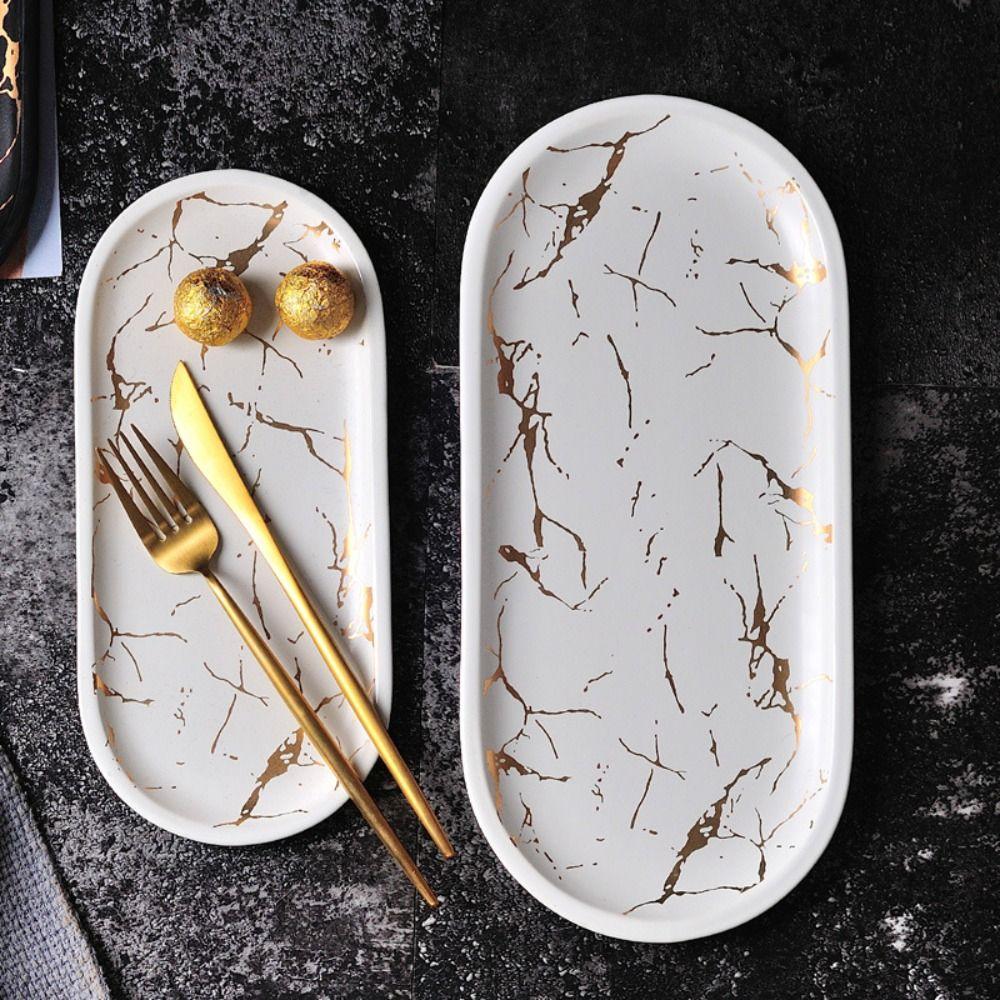Glazed Golden Pattern Nordic Marble Tray Porcelain Material Western Dish  Jewelry Display