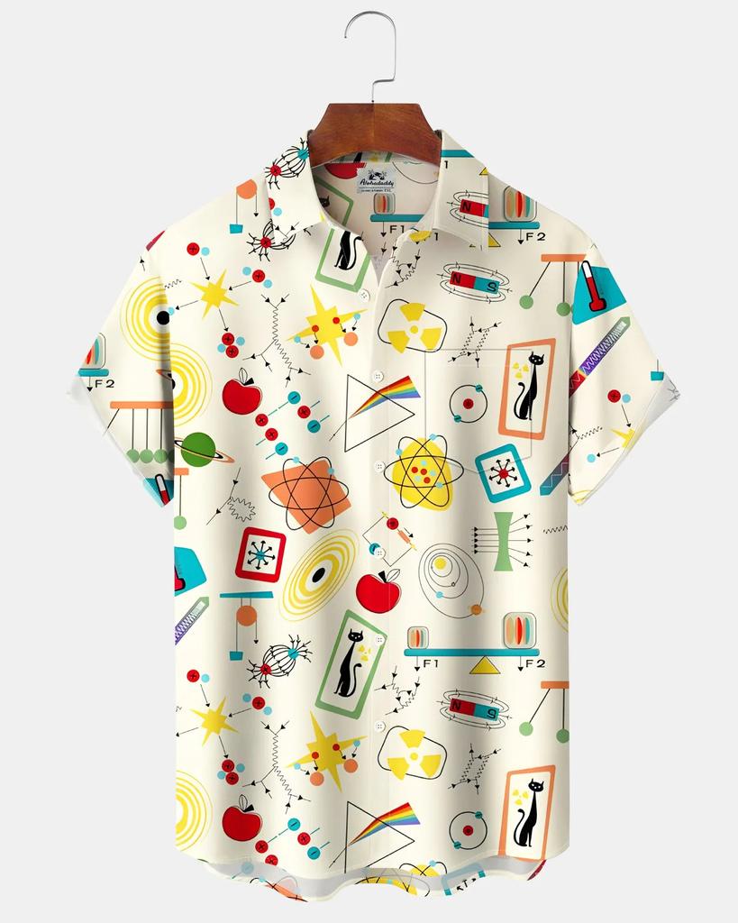 Men's Cute Cat Cartoon Geometric Print Hawaiian Shirt Short Sleeve Casual Beach Vacation Summer Button-Up Top