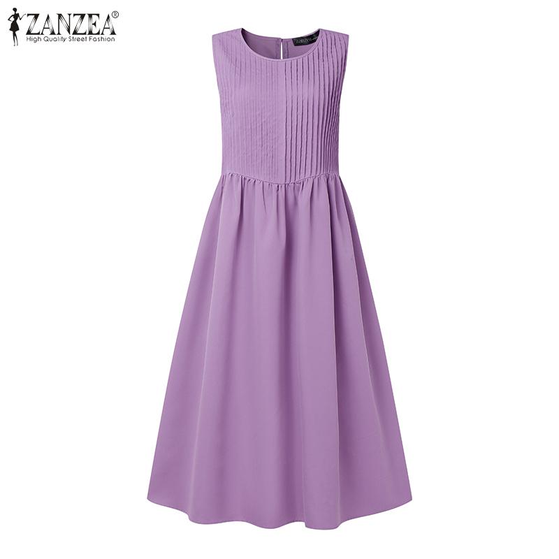 ZANZEA Women Summer Round Neck Casual Sleeveless Long Dress