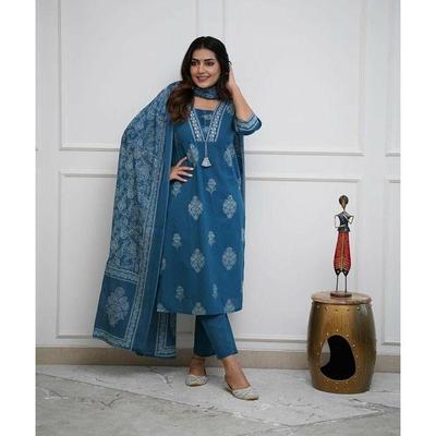 Women's Pure Cotton Printed with Handwork Kurta with Pants and Dupatta Set | Ethnic Set | Suit Set | Kurta Set | Wedding Suit Set