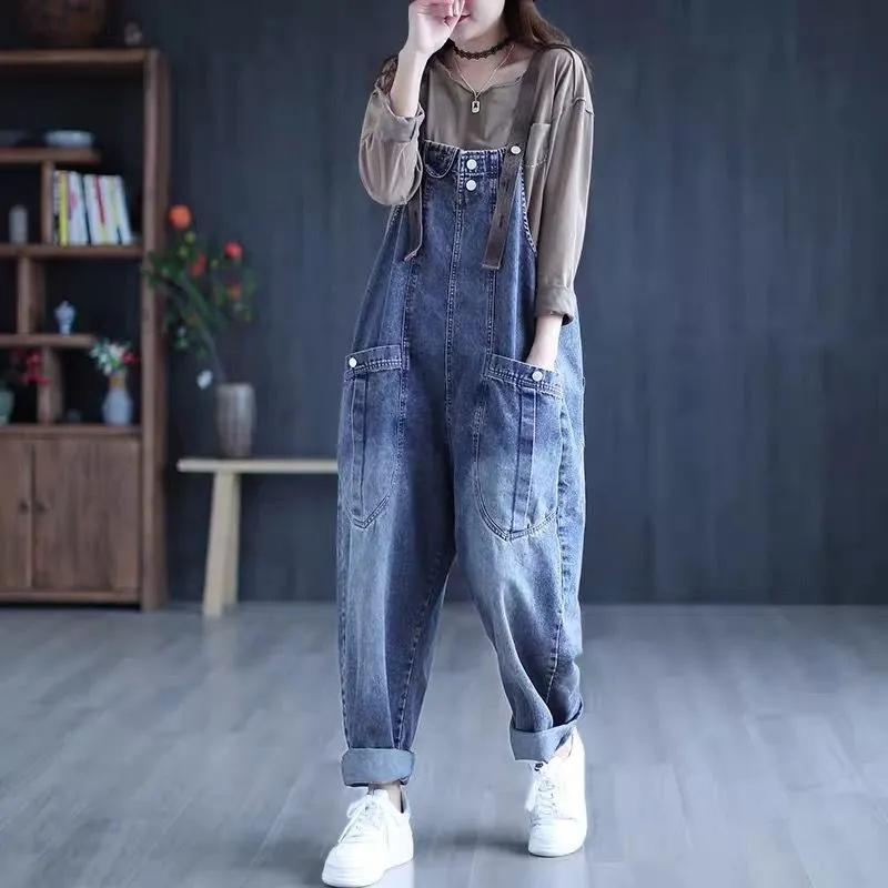 Large Size Denim Jumpsuits Women Spring Autumn Korean Loose Harem Pants Retro Casual Pocket Wide Leg Jeans