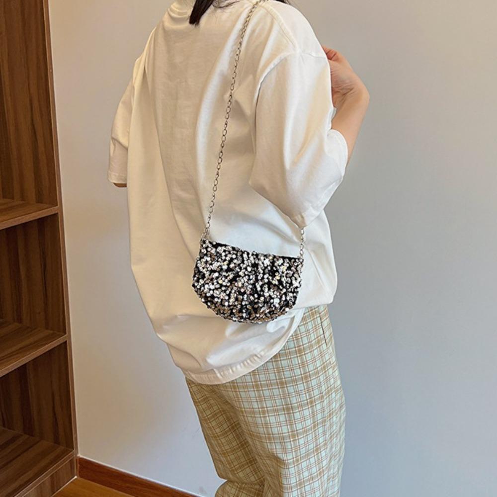 Polyester Sequin Shoulder Bag Zipper Bling Chain Bag Shell Bag Sparkling Crossbody Bag  Women