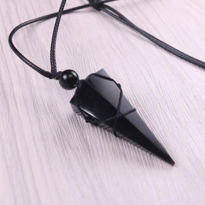 Natural Obsidian Stone Crystal Point Pendant Black Stone Charm Necklace Amulet