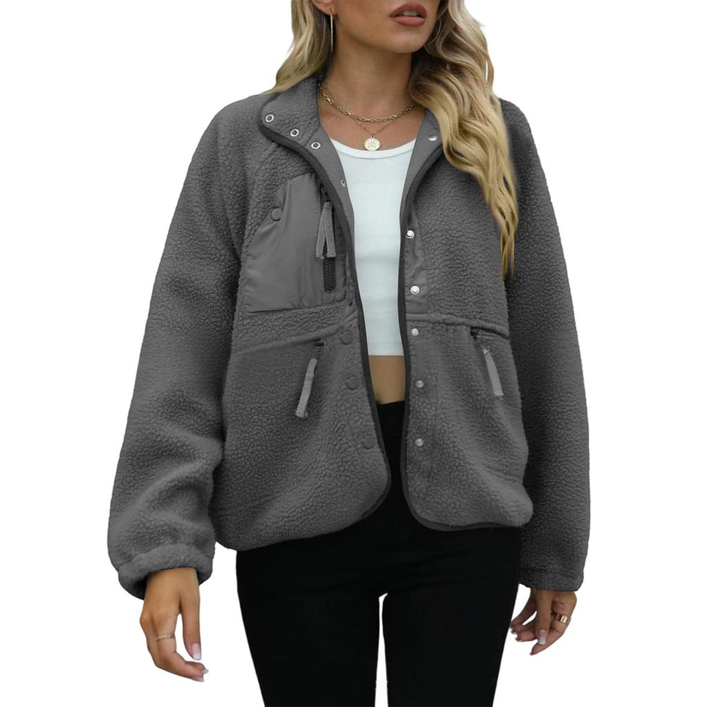 Women's Fashion Casual Stacked Lapel Single Button Fleece Sports Sweatshirt Jacket Outerwear