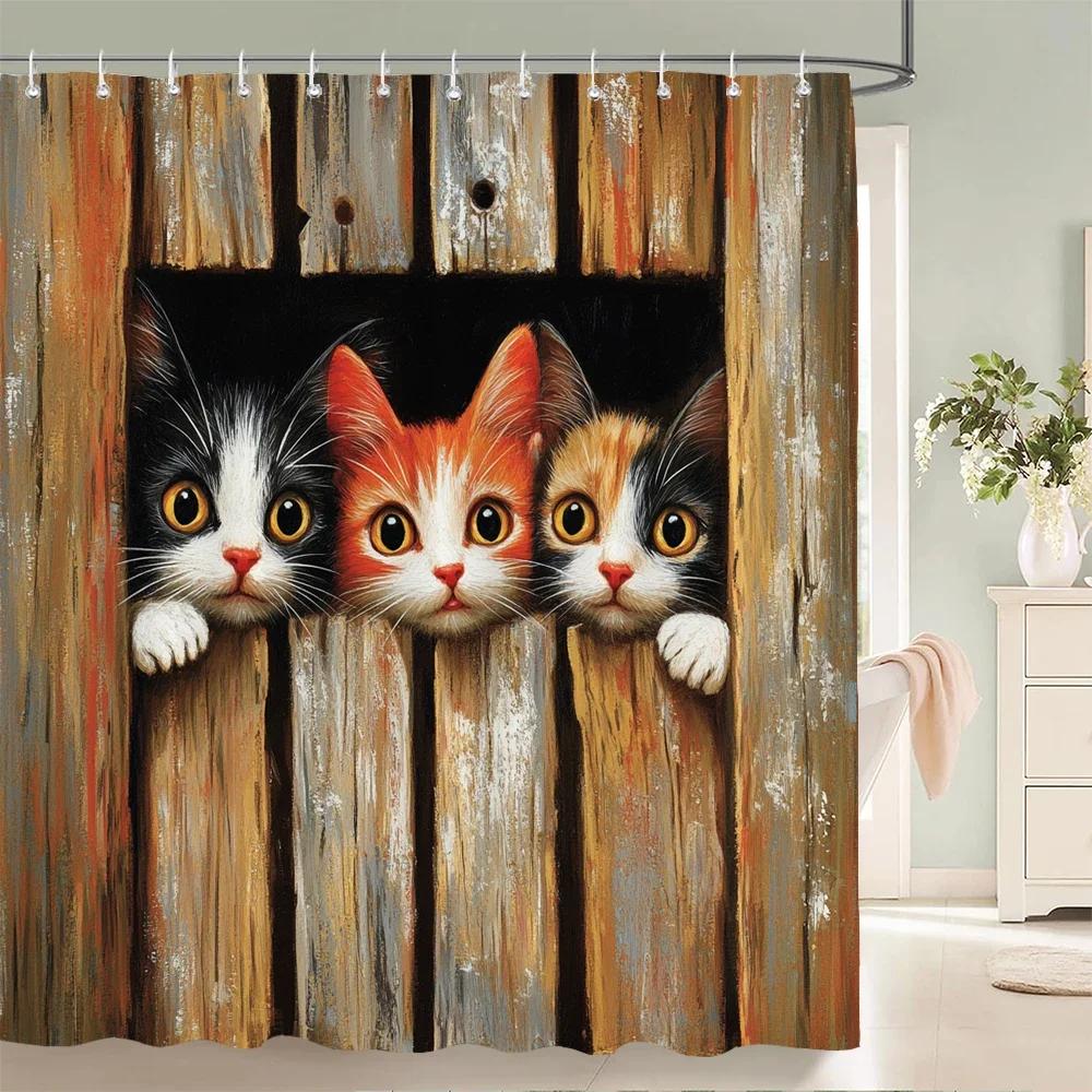 Lovely Cat and Dog Animal Shower Curtain Country Scenery Cats and Dogs Printing Bathroom Curtain With Hooks Home Decor Curtain