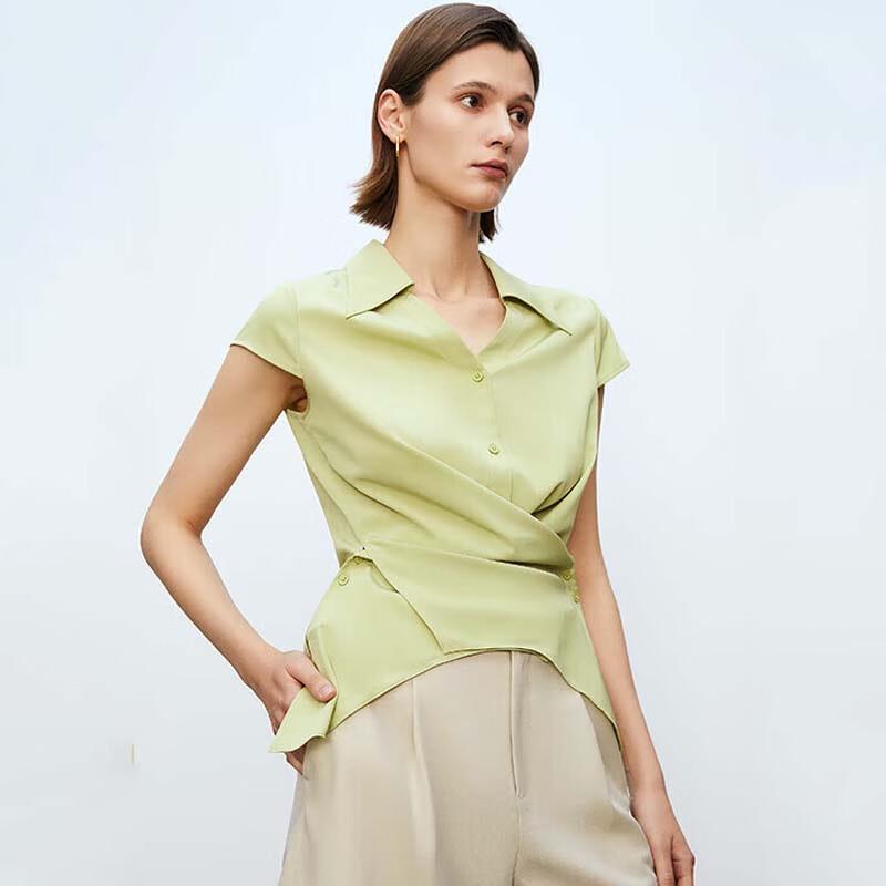 JESSIE French Retro Asymmetric Collar Short Sleeve Shirt M