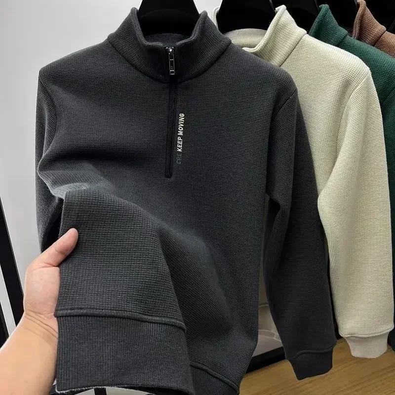 Gruba Ciepła Bluza Męska z Fleeceu, Półzamek Błyskawiczny, Haft z Literami, Stójka, Vintage Pulower, Luźny Sweter Sportowy Jogger