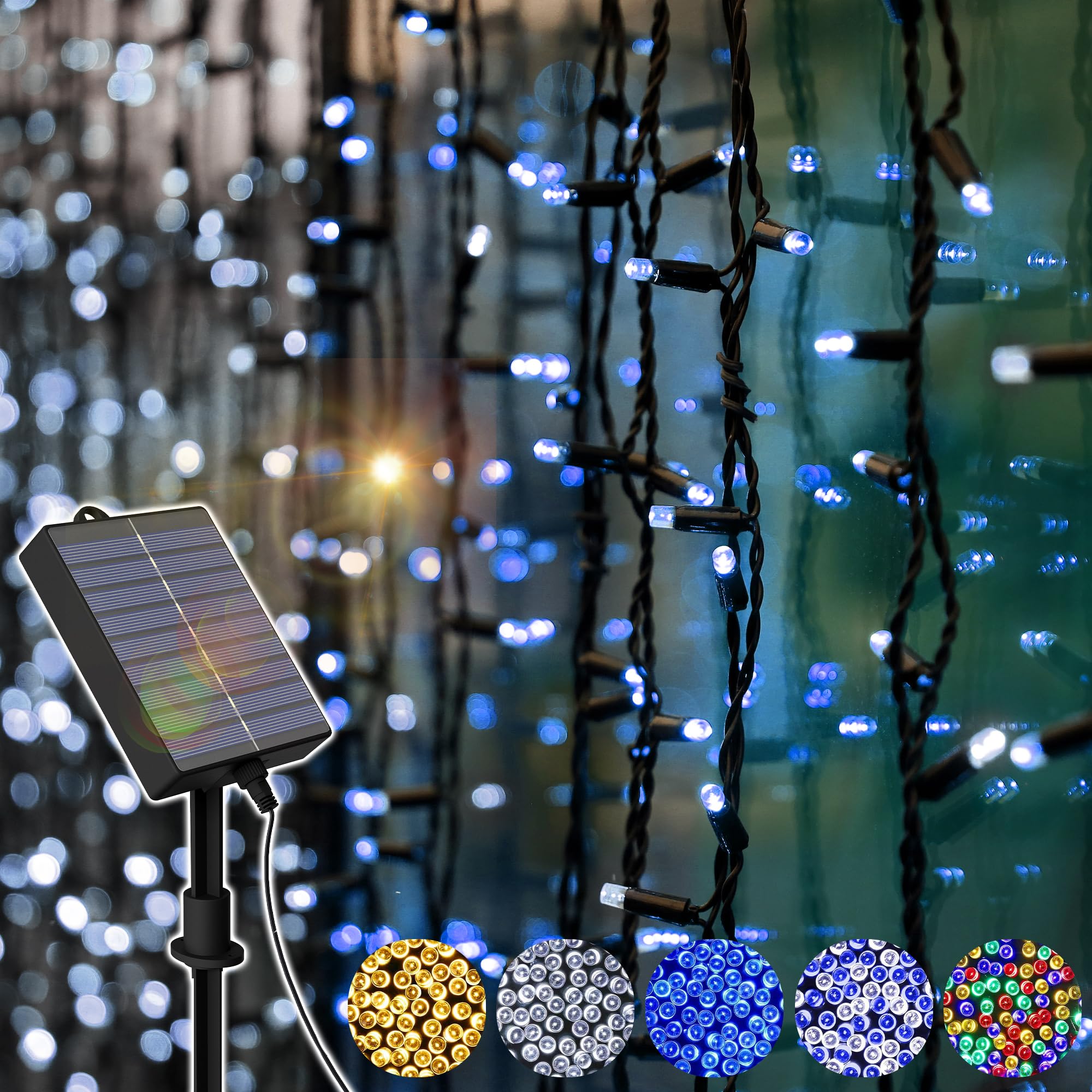 

Солнечные гирлянды-сосульки, 120 лампочек, высота 9 м, водонепроницаемые IP44, прочные, 5 цветов, 8 режимов освещения, контроллер в комплекте, большая солнечная панель,