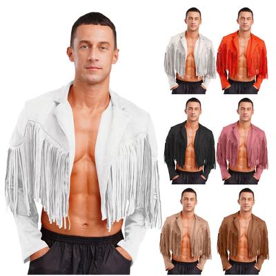 Mens Faux Suede 80s Hippie Cropped Jacket with Fringe Detailing Open Front Cardigan Cowboy Style
