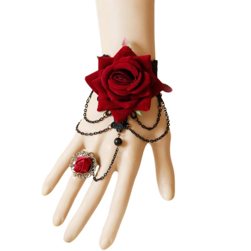 

Rose Lace Hand Chain Ring Bracelet Chain Tassel Bead Finger Bracelet Sweet Hand Jewelry for Women and Girls Gifts 1 бордовий
