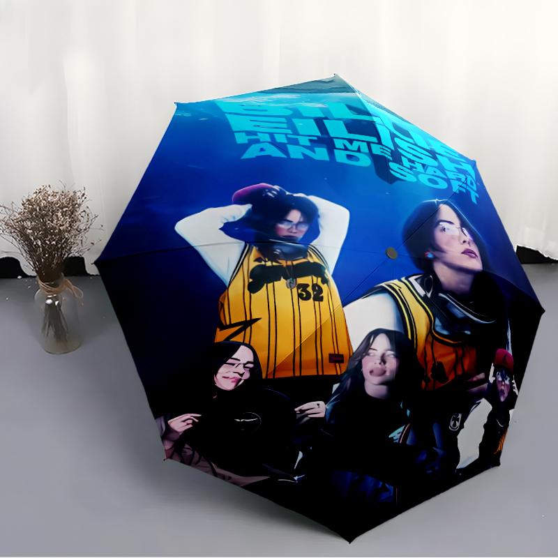Singer Billie Eilish1 Print Automatic Umbrella, 8 Rib Iron Frame, Plastic Handle, Suitable for Outdoor Travel &Daily , Ideal Gift