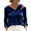 Women's Casual Velvet Long Sleeve V-Neck Cold Shoulder Top