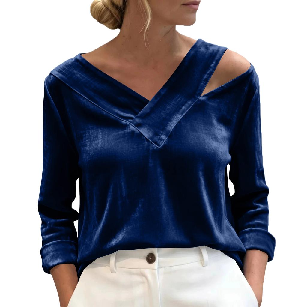 Women's Casual Velvet Long Sleeve V-Neck Cold Shoulder Top